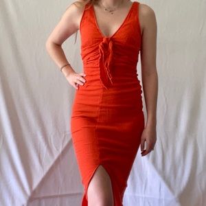 xs orange tie front midi dress